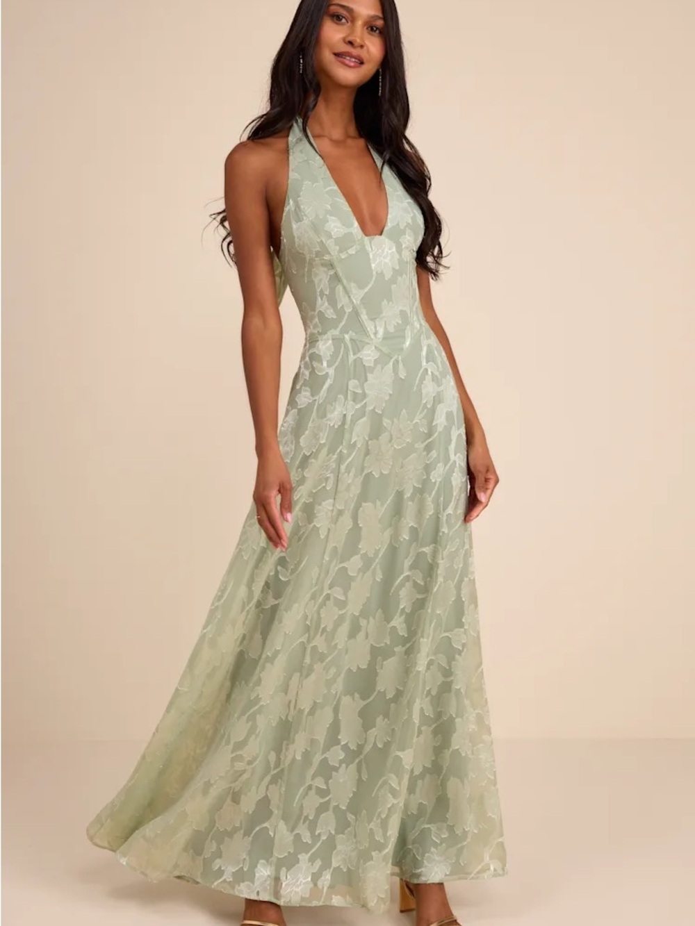 Lulu's Sage Green Floral Halter Lace Maxi Dress
